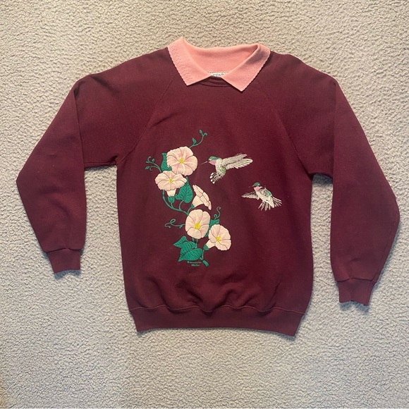 Morning Sun Whitton Hummingbird Orchid Puff Paint Maroon Sweatshirt Crewneck L - Picture 1 of 13